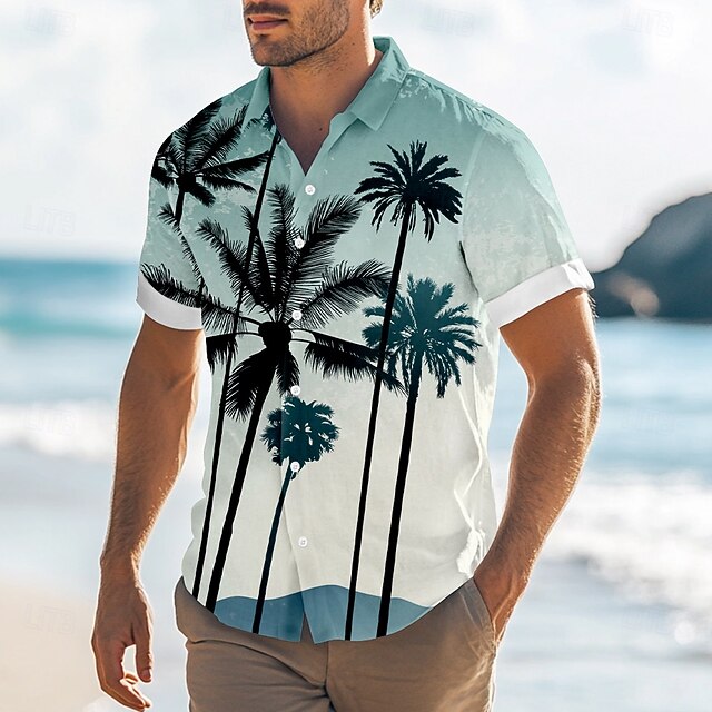 Men's Coconut Tree Tropical Plants Summer Hawaiian Shirt Button Up Shirt Aloha Shirt Short Sleeve Hawaiian Resort Vacation Holiday Beach Wear Summer Spring Turndown 3D Print Blue4