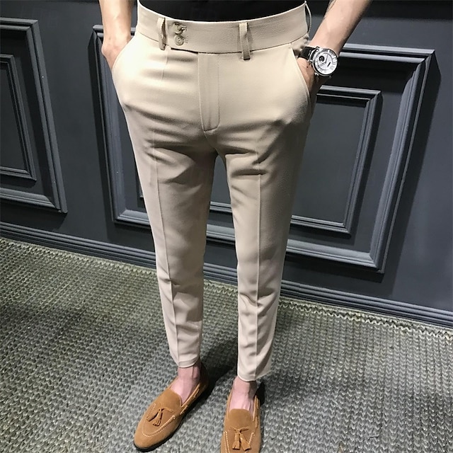  Homens Graduação Social Calças chinês Botões Bolsos Tecido Conforto Formal Festa Trabalho Moda Estilo Clássico Preto Branco Micro-Elástica