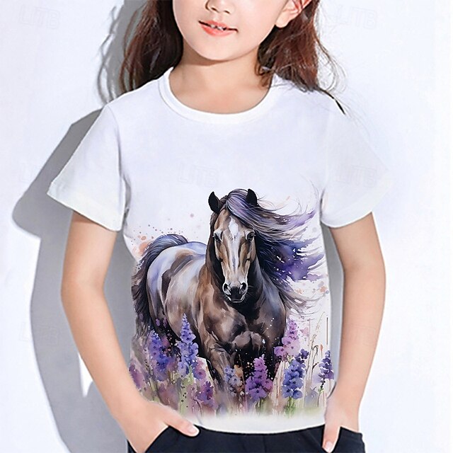  Dla dziewczynek 3D Graficzny Zwierzę Konik Podkoszulek T-shirt Krótki rękaw Lato Wiosna Moda Podstawowy Dzieci 4-12 lat Półgolf Na zewnątrz Codzienny Regularny