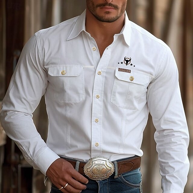 Men's Cow Print Work Shirt Western Shirt Cargo Shirt Long Sleeve Casual Tactical Outdoor Going out Spring Turndown Button Up Collared Shirts White4