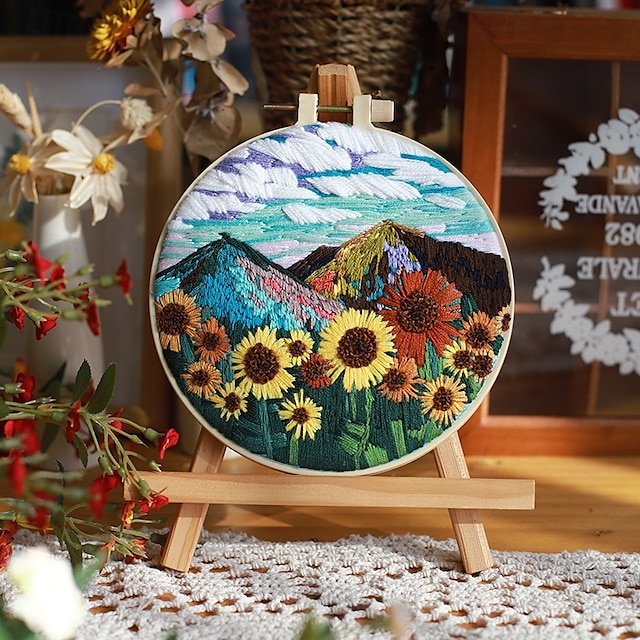  kit de iniciação de bordado para iniciantes adultos com paisagem árvore montanha rio floral natureza cenário padrão bordado à mão conjunto diy kits de ponto cruz com aros agulhas linhas