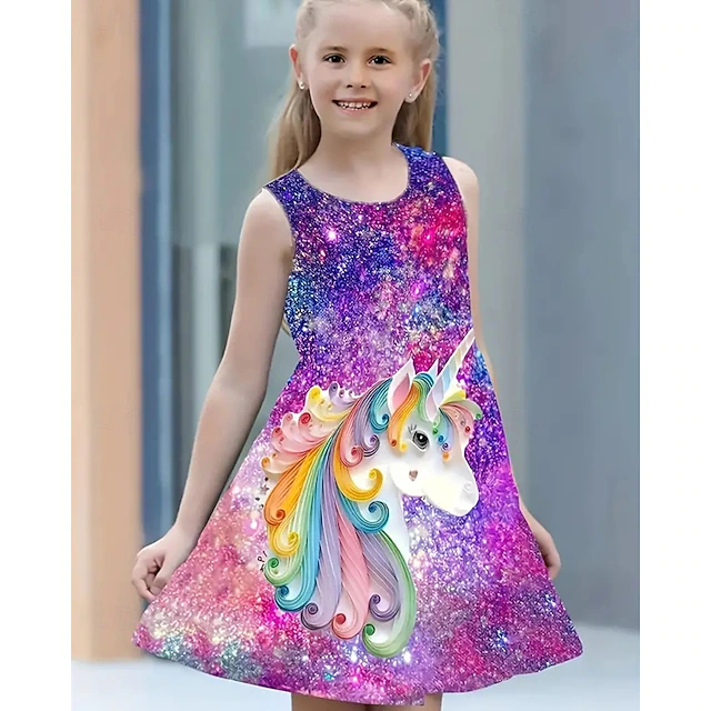 Girls' 3D Graphic Unicorn Dress Sleeveless Summer Spring Vacation Daily