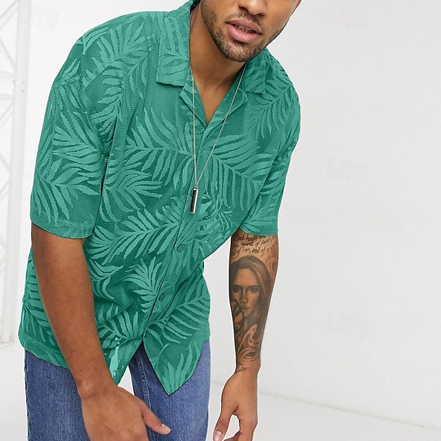  Per uomo Camicia Camicia estiva Maglietta informale Camicia da spiaggia Camicia con bottoni Camicia cubana Verde Manica corta A foglia Collare da campo Da mare Per eventi Strappato Abbigliamento Di