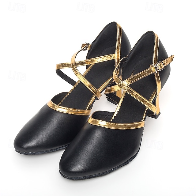  schwarze und goldene Tanzschuhe mit gekreuzten Riemchen und niedrigem Absatz für Damen – bequeme Standard- und lateinamerikanische Tanzbekleidung