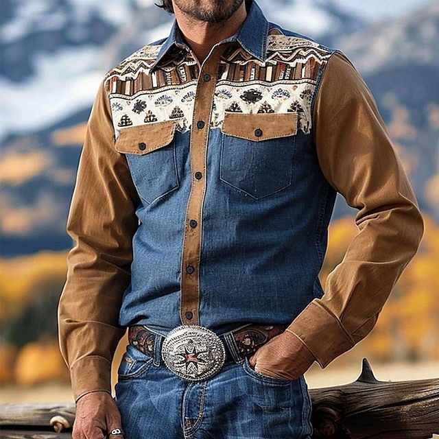  Men's Ethnic Western Shirt Cowboy Shirt Long Sleeve Western Casual Spring Fall Turndown Button Up Pocket Blue