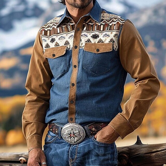 Men's Ethnic Western Shirt Cowboy Shirt Long Sleeve Western Casual Spring Fall Turndown Button Up Pocket Blue4