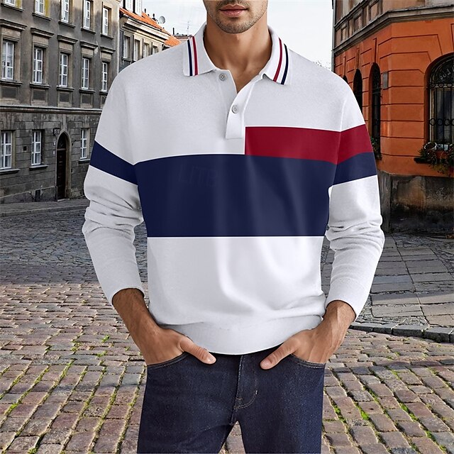  Men's Golf Shirt Golf Polos Shirts Work Casual Lapel Long Sleeve Basic Modern Color Block Patchwork Buttons Spring &  Fall Regular Fit Black Pink Navy Blue Brown Golf Shirt