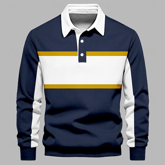 Men's Stripes Rugby Polo Long Sleeve Polo Shirts Collared Shirts Casual Outdoor Athleisure 3D Print Spring Fall Winter Blue4
