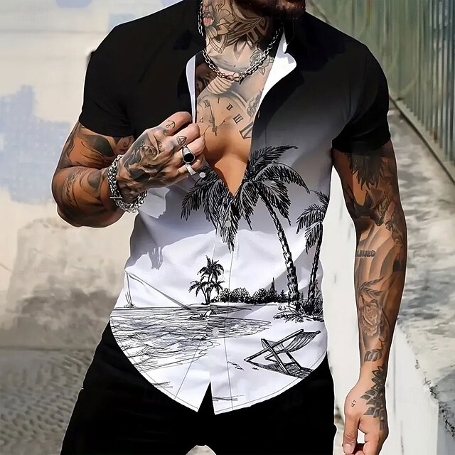 Men's Coconut Tree Gradient Color Tropical Plants Summer Hawaiian Shirt Button Up Shirt Aloha Shirt Short Sleeve Hawaiian Resort Vacation Holiday Beach Wear Summer Spring Turndown Collared Shirts4