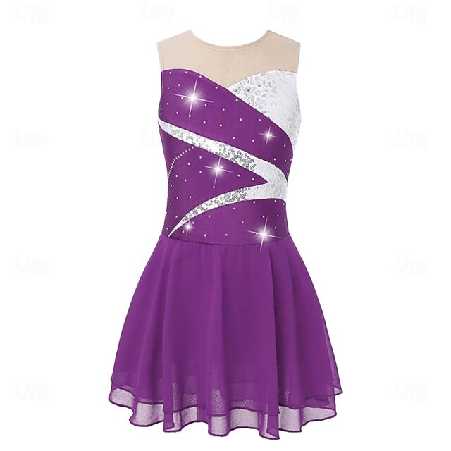 Figure Skating Dress Women's Girls' Ice Skating Dress Purple Patchwork Asymmetric Hem Mesh Spandex Stretchy Training Practice Professional Skating Wear Crystal / Rhinestone Sleeveless Figure Skating4