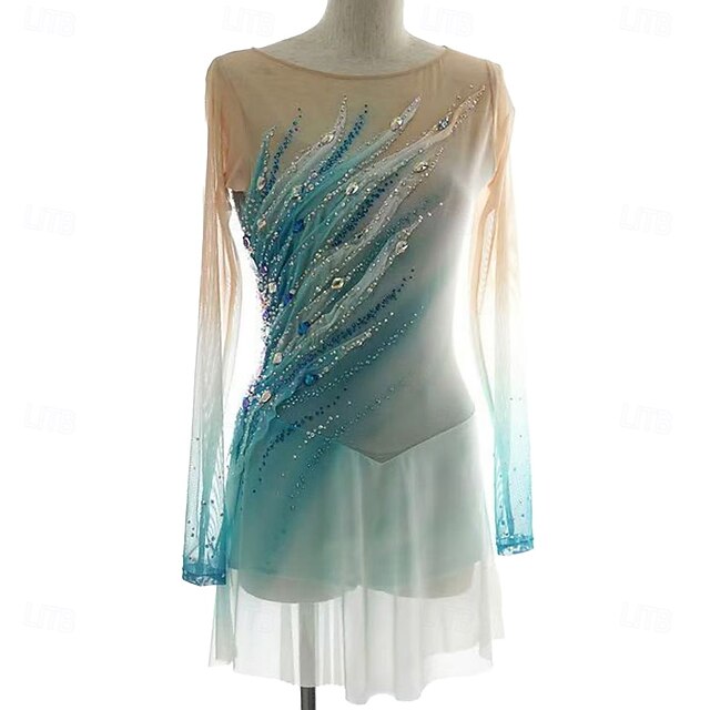 Figure Skating Dress Women's Girls' Ice Skating Dress Green Patchwork Asymmetric Hem Mesh Spandex Stretchy Training Practice Professional Skating Wear Crystal / Rhinestone Long Sleeve Figure Skating4