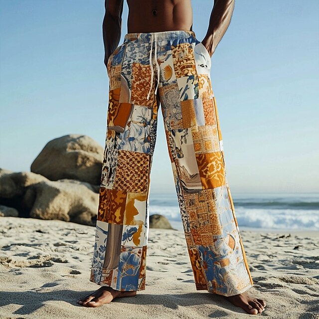 Men's Color Block Patchwork Trousers Casual Pants Drawstring Elastic Waist Hawaiian Ethnic Outdoor Vacation Holiday Side Pockets Straight Leg Trousers Summer Spring Fall 3D Print Yellow4
