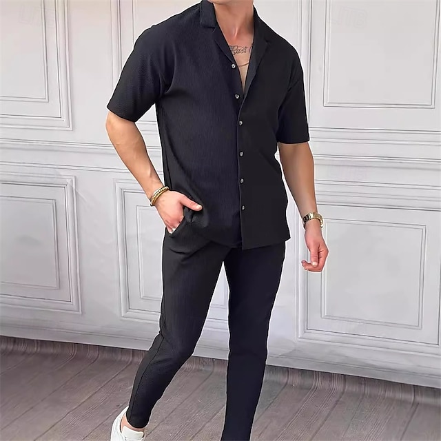  Men's 2 Piece Shirt Set Matching Sets Casual Shirt Corduroy Shirt Button Up Shirt Plain Street Daily Black Short Sleeve Collar Spring & Summer Clothing Apparel