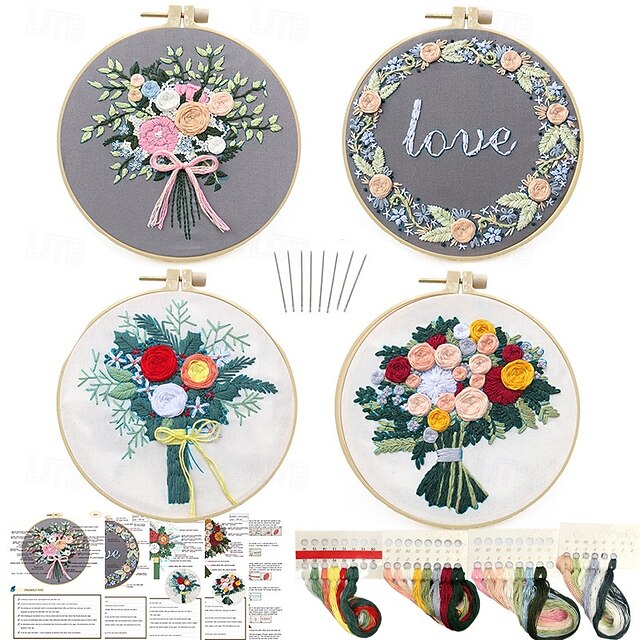  truse de broderie cu motive florale, trusă de start pentru broderie, inclusiv țesătură de broderie cu motive, ata de brodat, cerc și instrucțiuni