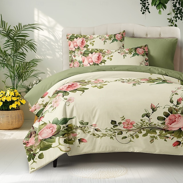  Conjunto de capa de edredom com padrão floral, conjunto de edredom estampado, conjuntos de cama de algodão com fronha envelope, decoração de quarto, capa de edredom king queen