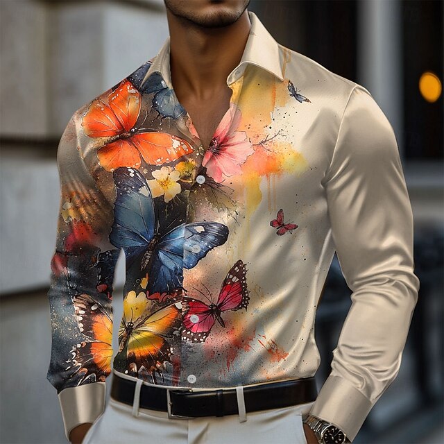 Men's Floral Flower Satin Shirt Dress Shirt Button Up Shirt Long Sleeve Fashion Casual Vacation Evening Party Wedding Party Summer Spring Turndown Collared Shirts 3D Print Khaki4