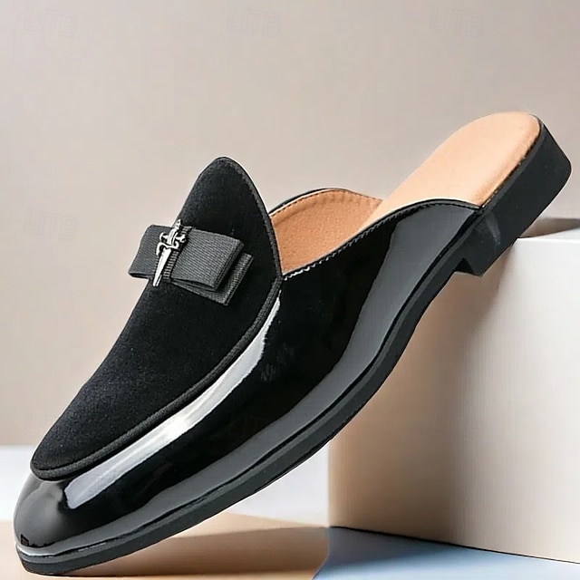 mule loafers i fløjl og lak – slip-on design med dekorativ sløjfe til formelle arrangementer og aftenarrangementer