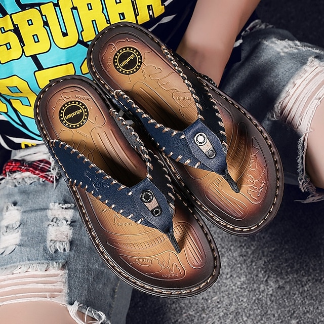  Men's Vintage Brown Faux Leather Flip Flops - Handmade Open-Toe Summer Sandals with Non-Slip Sole for Beach, Travel and Casual Wear