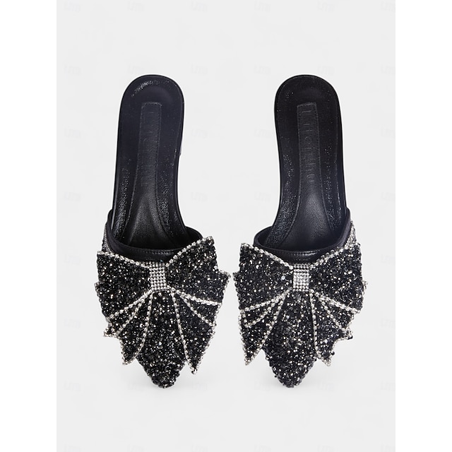 mules plates noires à strass et nœud – parfaites pour les fêtes et les mariages