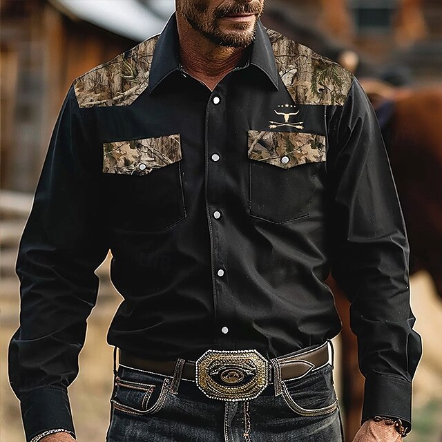 Men's Camouflage Western Shirt Long Sleeve Western Sports Outdoor Spring Fall Turndown Button Up 2 Pockets Black4