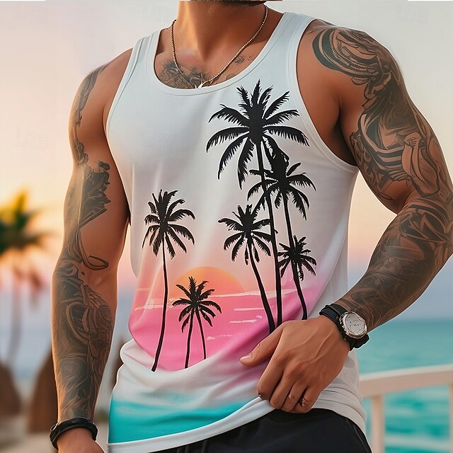 Men's Coconut Palm T Shirt Vest Top Sleeveless T shirt 3D Print Crew Neck Shirt Vacation Casual Hawaiian Holiday White Summer Spring Clothing Apparel S M L XL XXL XXXL4