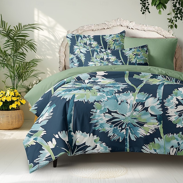  blått bläck illustration blomma 3-delat påslakanset för hotellrum gästrum hotell sängkläder bekvämt set 1 påslakan 2 örngott