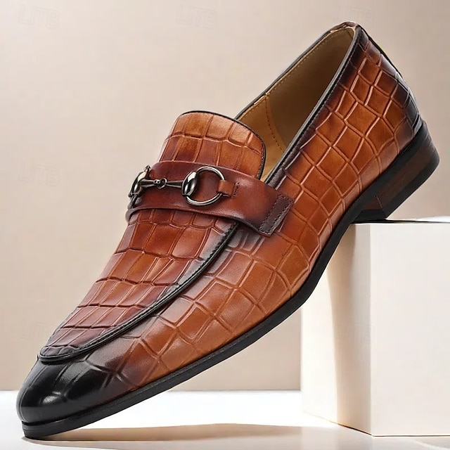  Men's Premium Cowhide Leather Loafers - Crocodile Pattern with Metal Bit Decoration for Formal and Business Wear