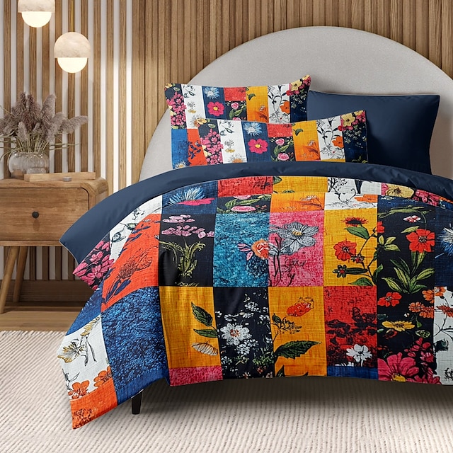  Boho Flower Duvet Cover Full Size Bohemian Lines Bedding Set Flower Line Bed Sets Geomtric Quilt Cover Soft Lightweight Comforter Cover with 2 Pillowcases for Summer Spring