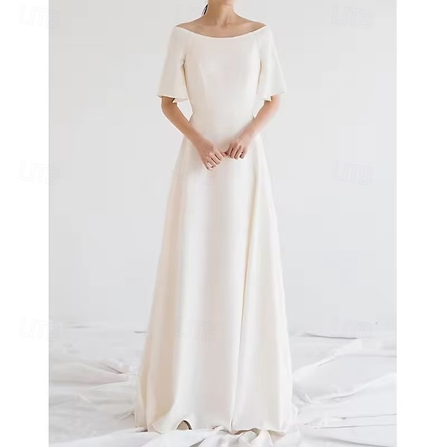  Boho Wedding Dresses A-Line Scoop Neck Off Shoulder Half Sleeve Sweep / Brush Train Stretch Fabric Bridal Suits Bridal Gowns With Solid Color 2025