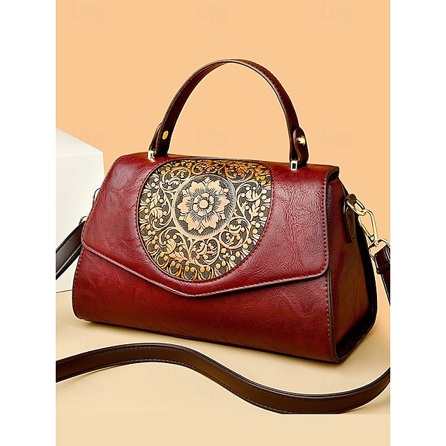  Geantă vintage din piele artificială gravată cu flori – geantă retro de damă cu mâner superior pentru ocazii casual și formale vin negru alb