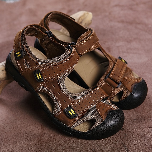 Sandalias de senderismo de piel sintética marrón para hombre: correas ajustables, diseño de punta cerrada, suela antideslizante, calzado exterior duradero para trekking de verano