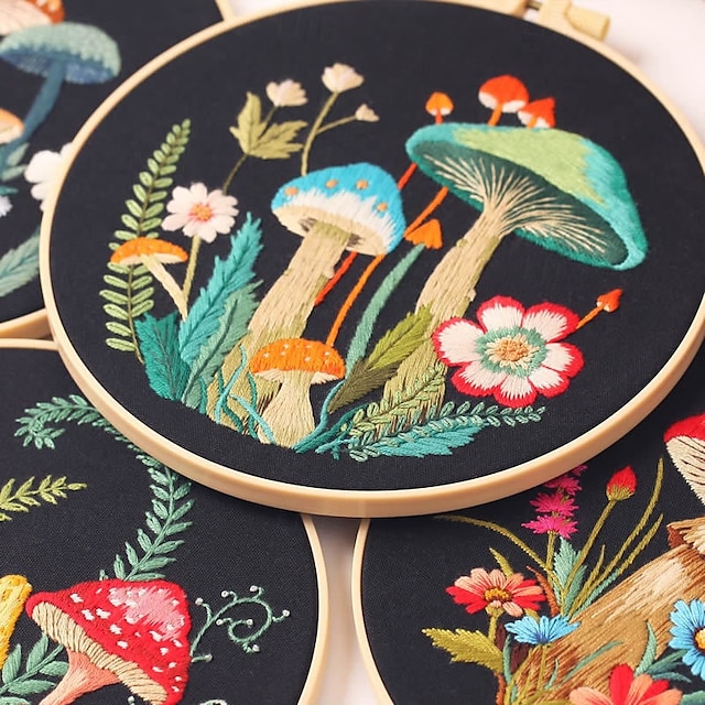  Mushroom Embroidery Starter Kit with Instructions and Patterns Mushroom Cross Embroidery Set for Adults Kids Beginners Include Mushroom Pattern Cloth, Embroidery Hoop, Threads and Needles