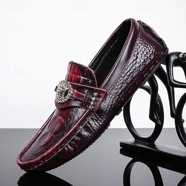  mænds krokodillemønster loafers i imiteret læder – luksus slip-on dress sko med metal løve dekoration til formelle og afslappede lejligheder