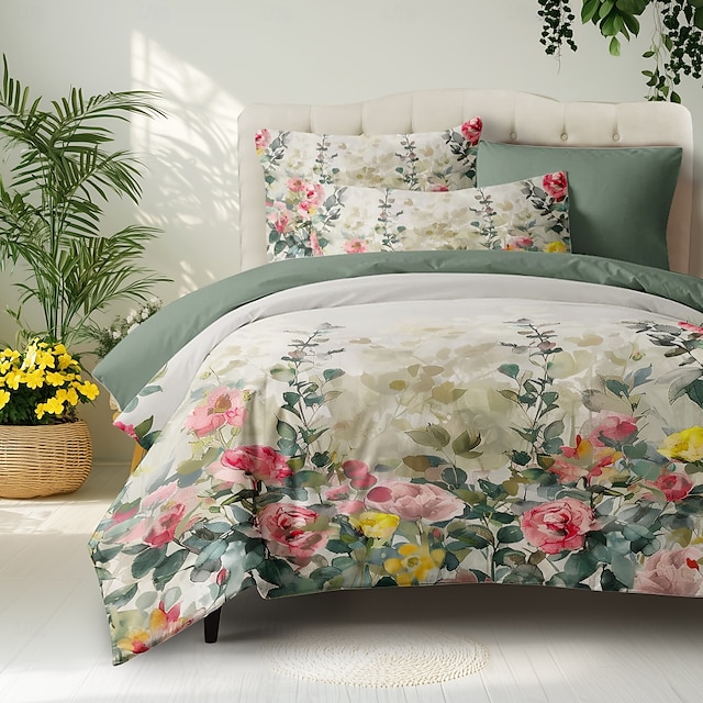  3-teiliges Bettbezug-Set mit Blumenmuster, 100 % Baumwolle, kurzer Flaum für den Sommer, weich, hautfreundlich, bequem, leicht, Queen-Size-King-Size