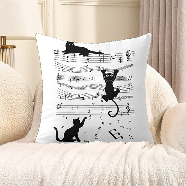  Housse de coussin décorative 1 pièce, motif chat musical, housse de coussin carrée douce pour canapé, taie d'oreiller pour chambre à coucher, salon, canapé, chaise, fête, printemps, été