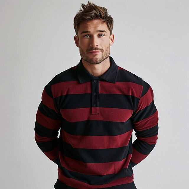 Men's Stripes Rugby Polo Cable Knit Polo Long Sleeve Polo Shirts Collared Shirts Casual Outdoor Athleisure 3D Print Spring Fall Winter Red3