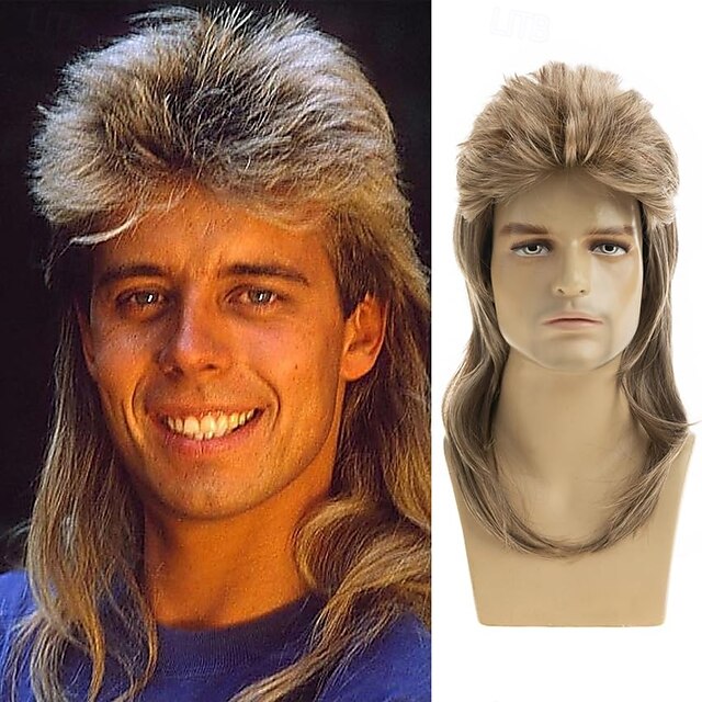  lange glatte Vokuhila-Perücke 70er-80er-Kostüme ausgefallene Party-Cosplay-Haarperücke, aschblond für Karneval