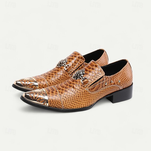  Slip-on sko i brunt slangemønster til mænd med metaltåkappe og løvepynt - western-stil i premium okseskind til formelle begivenheder og fester