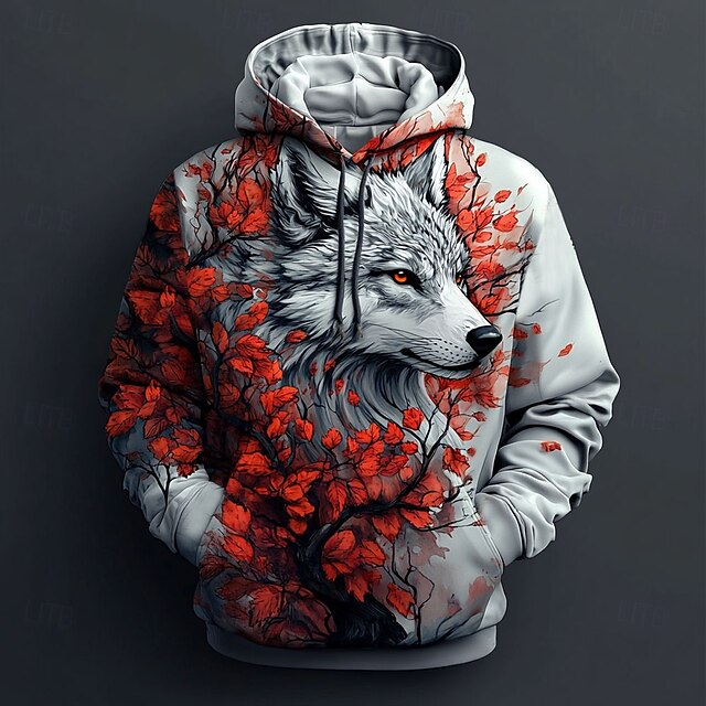  Homens Lobo Moletons Moletom Casacos Moletom com capuz Gola Redonda Legal Impressão 3D Bandagem Streetwear Branco Com Cordão Outono Inverno Designer