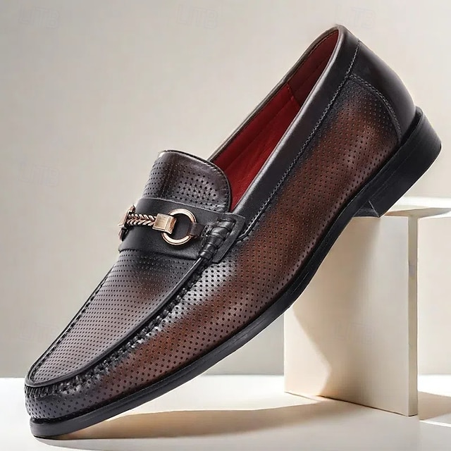  Men's Perforated Brown Leather Loafers – Premium Cowhide, Metal Buckle Decoration, Breathable Business Casual Shoes for Office and Formal Events