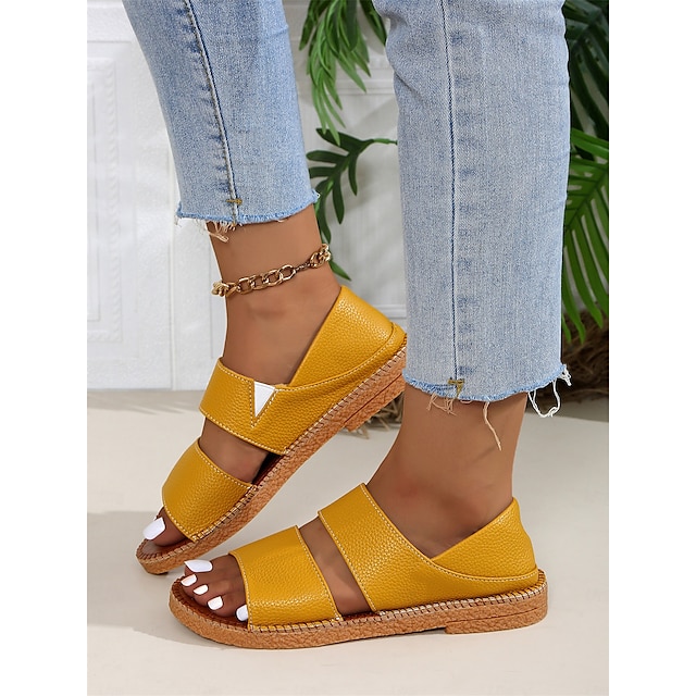  dames gele open sandalen met dubbele bandjes en geweven zool – stijlvolle en comfortabele zomerschoenen voor casual uitjes