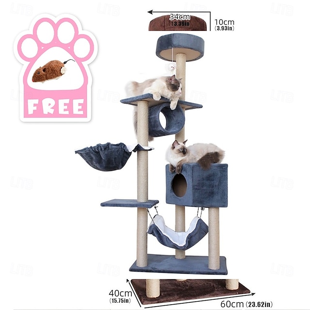  61インチのキャットツリー/キャットツリーハウスとタワー、大型猫用/キャットクライミングツリー、キャットコンドミニアム付き/キャットツリースクラッチポスト/パーチ/ハンモック、マルチレベル大型キャットツリー