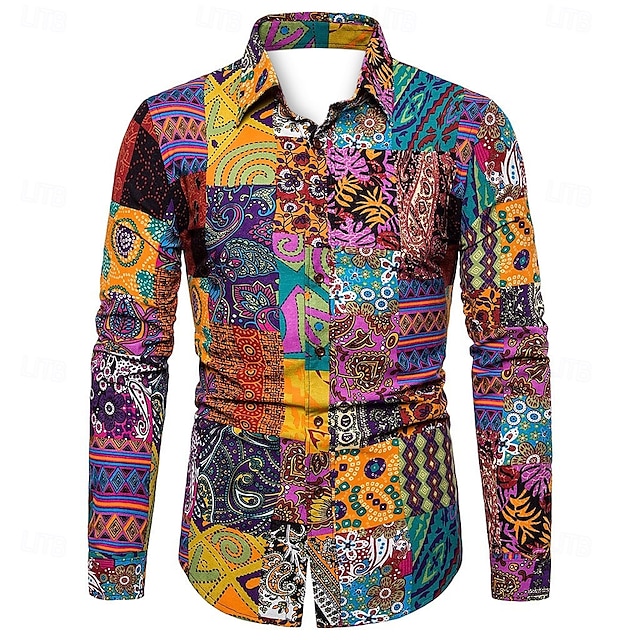  Herren Geometrisch Hemd Boho-Hemd Knopfhemd Langarm Designer Boho Party Kragen Hemdkragen Druck Schwarz Rosa Purpur Grün
