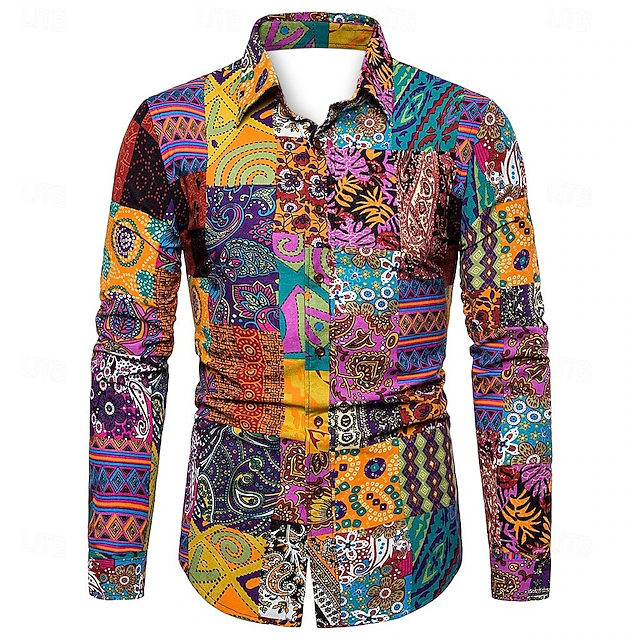 Men's Geometric Shirt Boho Shirt Button Up Shirt Long Sleeve Designer Boho Party Collar Shirt Collar Print Black Pink Purple Green 7
