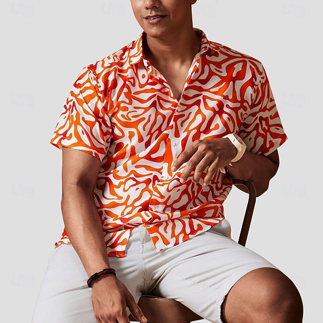 Men's Geometric Pattern Shirt Beach Shirt Short Sleeve Fashion Casual Vacation Streetwear Summer Spring Turndown Button Up Orange4