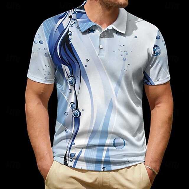 Men's Geometic Line Polo Short Sleeve Polo Shirts Collared Shirts Casual School Outdoor Daily Wear Home Wear 3D Print Summer Blue3