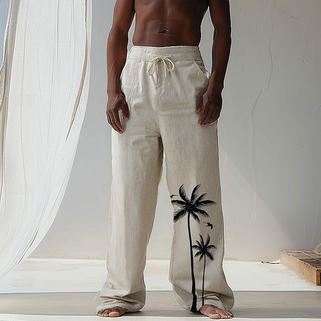  Herr Kokosnötsträd Tropiska växter Linne Byxor Långbyxor Säckiga byxor Medium Midja Hawaiisk Ledigt Semester Streetwear Standkläder Snörning Elastisk midja Brett skaft Grafiskt tryck Beige
