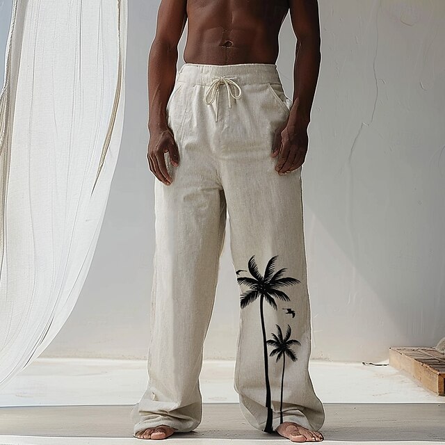 Men's Coconut Tree Tropical Plants Linen Pants Trousers Baggy Pants Mid Waist Hawaiian Casual Vacation Streetwear Beach Wear Drawstring Elastic Waist Wide Leg Graphic Print Beige4