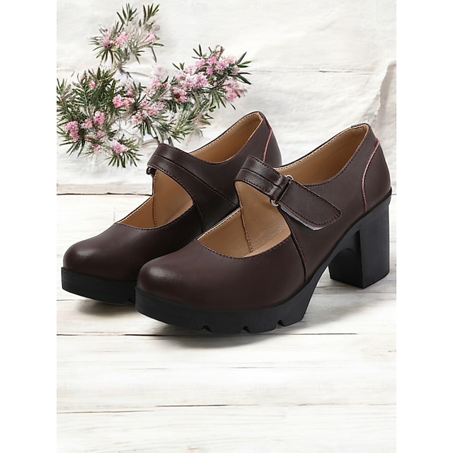  escarpins Mary Jane marron pour femmes avec bride velcro – chaussures à talons épais confortables pour un usage décontracté et quotidien