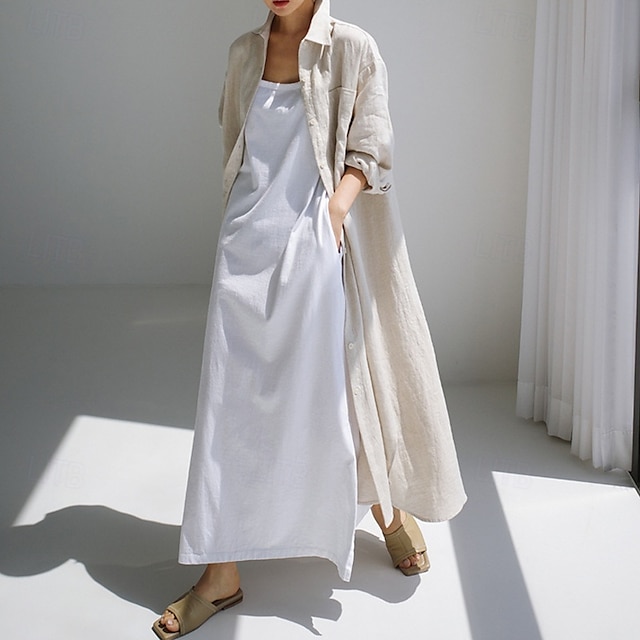 Damen Langes Kleid Maxikleid Leinen-inspirierte Kleider Hemdblusenkleid Freizeitkleid Baumwoll-Leinenkleid Stilvoll Lässig Urlaub Täglich Date Normale Passform Einfach Langarm Revers Schwarz